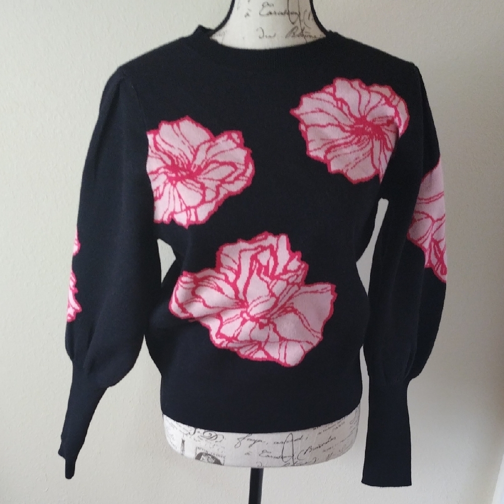 Andrew Marc Pink and Black Crew Neck Sweater with Floral Design